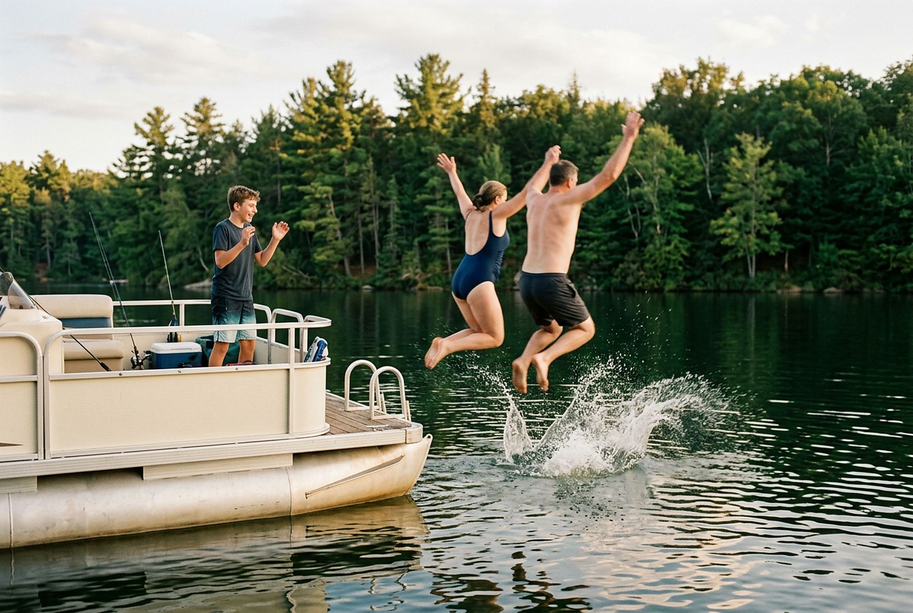 A family jumping off the back of a pontoon into a lake