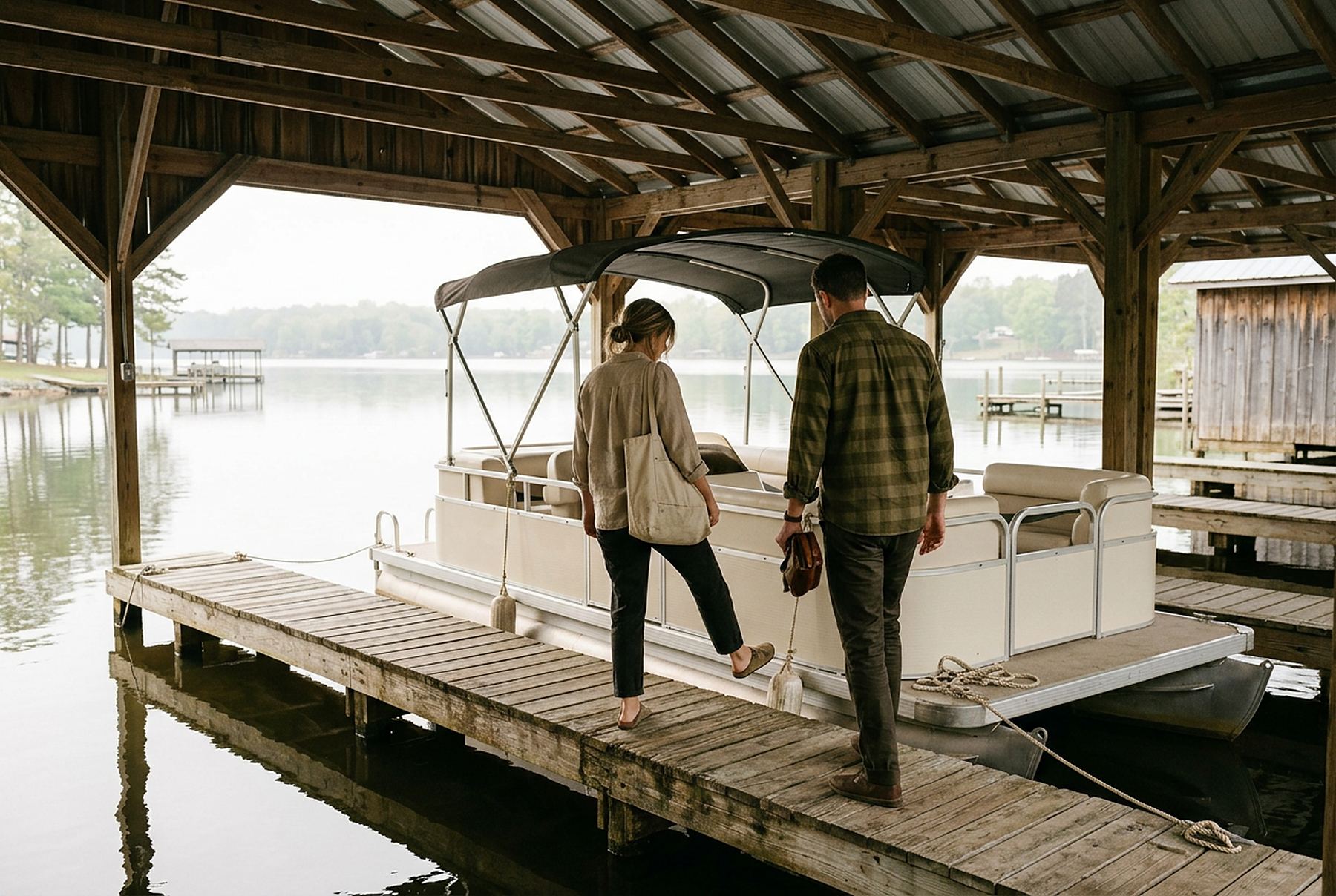 A couple stepping onto a pontoon in a quiet covered marina