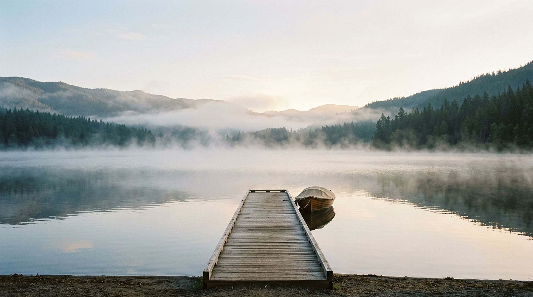 Morning mist over a still lake and a wooden dock
