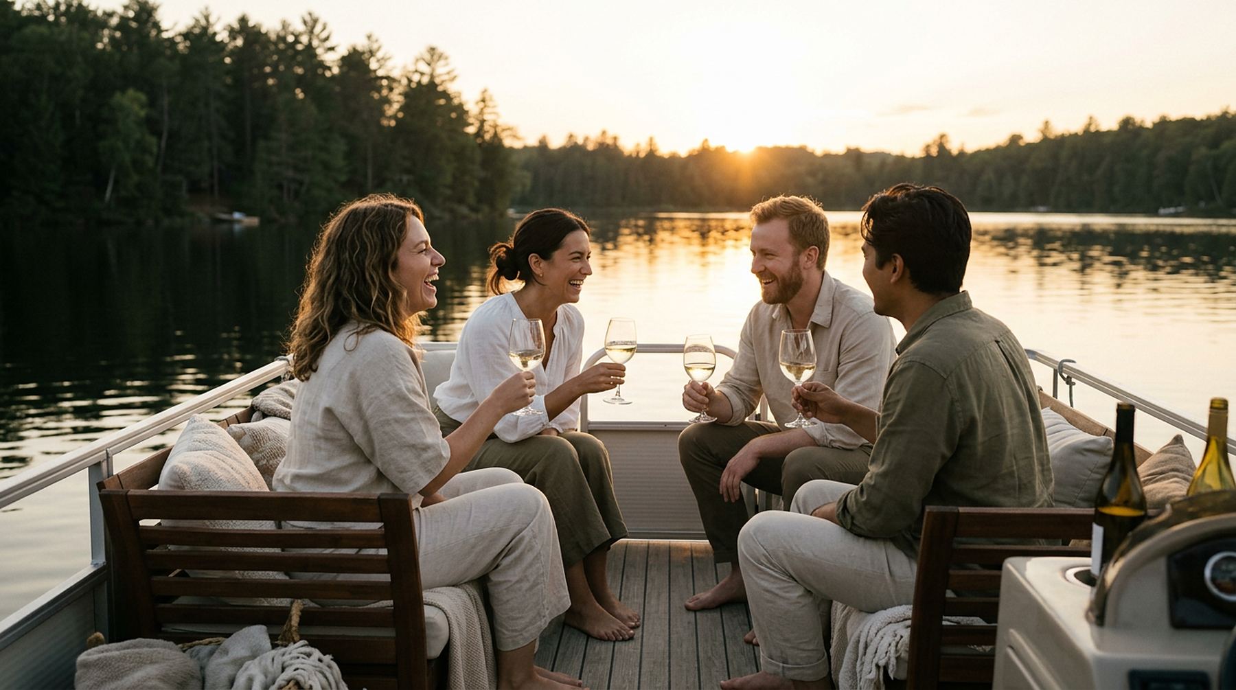 Friends sharing a glass of wine on a boat deck at sundown